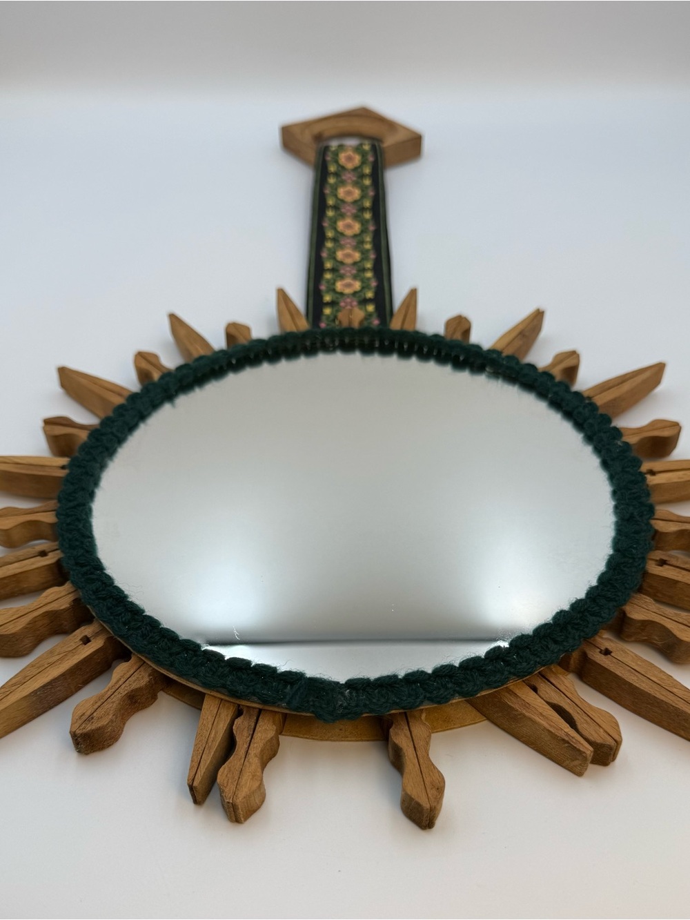 Vintage Wood Sunburst Mirror Wall Hanging With Retro Fabric
